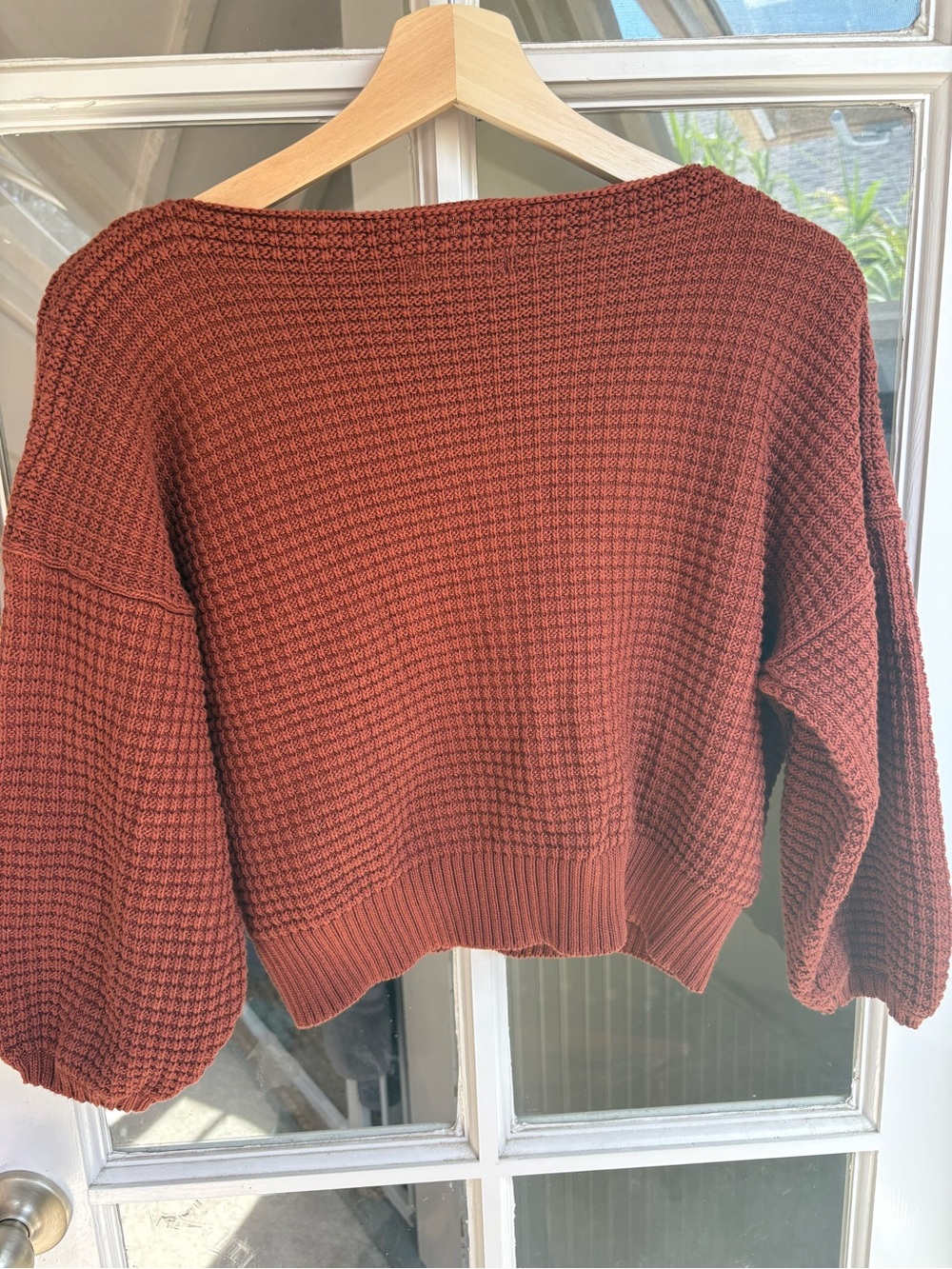 Cozy Waffle-Knit Crewneck Cropped Clove Sweater - Rust (Paprika) - Picture 2 of 3